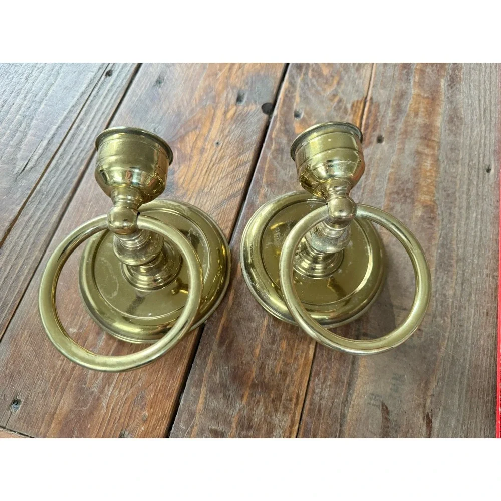 Pair 2 Vintage Brass Wall Sconce Candle Holder Gold tone Towel Rings Taiwan